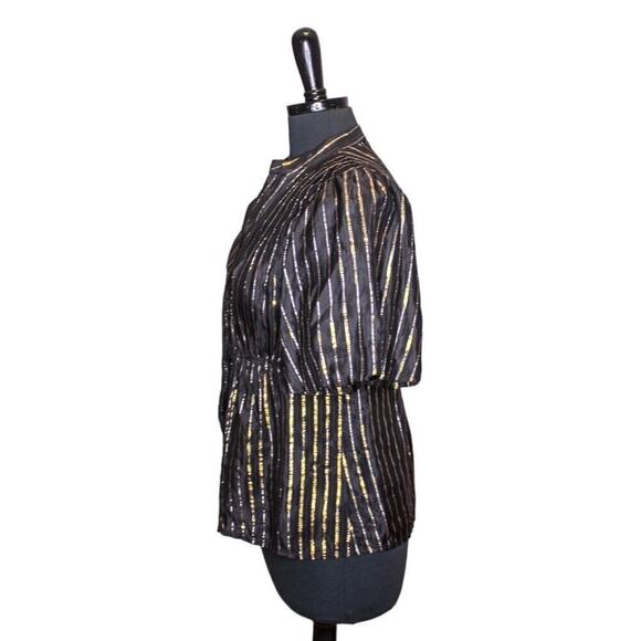 BCBGmaxazaria  Silk Blouse Short Sleeve Black Gold Striped V Neck M - Picture 2 of 5